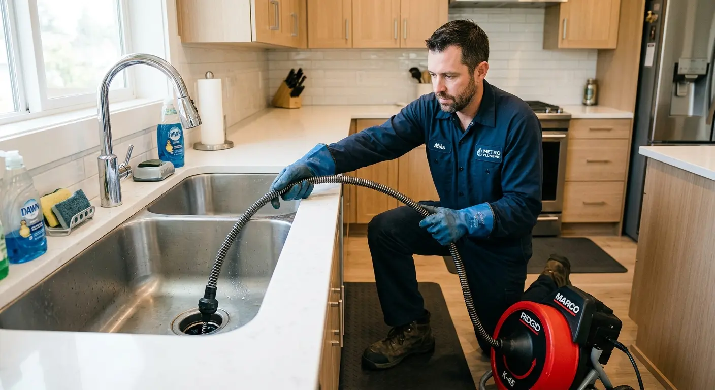 Drain cleaning technician using a motorized snake on a kitchen sink in Morris