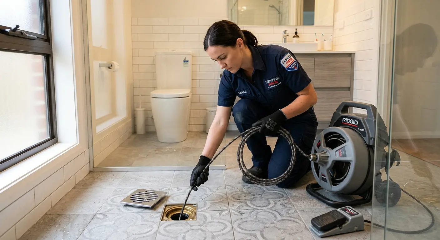 Technician clearing a bathroom floor drain for Sewer Line Installation in Morris